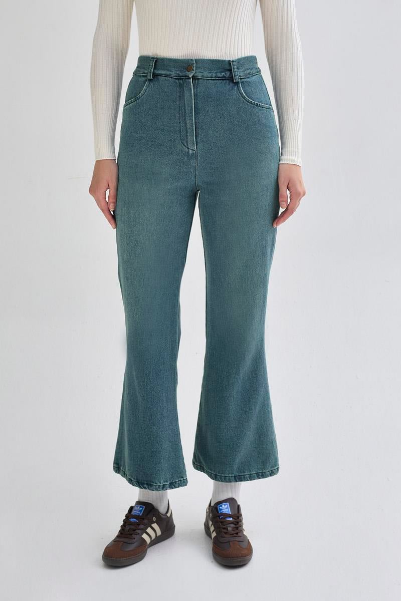 İspanyol Paça Denim Pantolon Yeşil Tintli