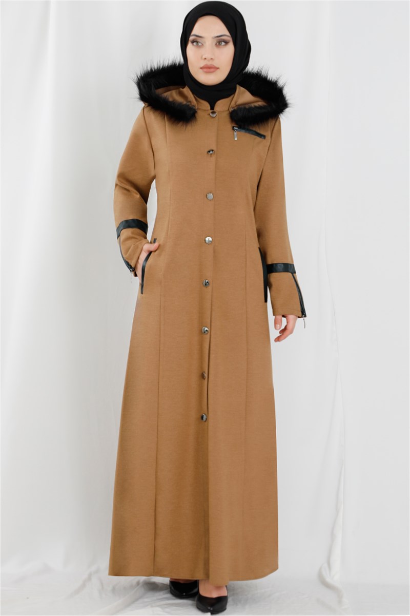Kapşonlu Kürklü Camel Ferace