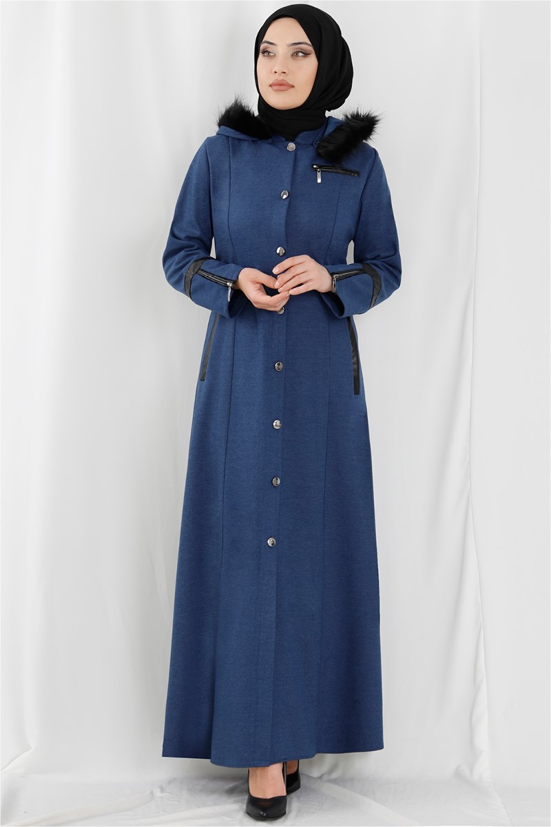 Kapşonlu Kürklü Mavi Ferace