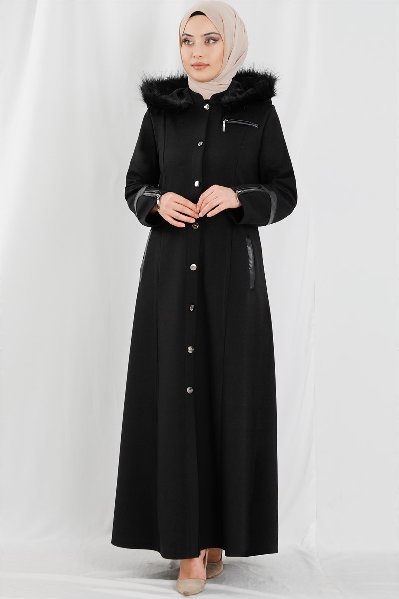 Kapşonlu Kürklü Siyah Ferace