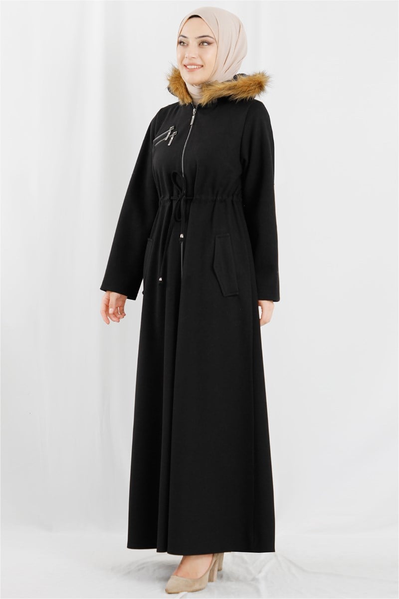Kapşonlu Kürklü Siyah Ferace
