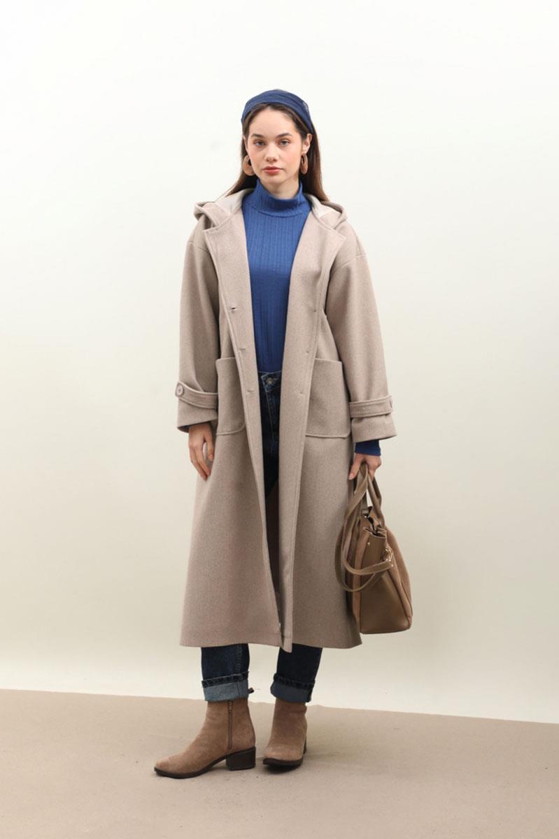 Kapüşonlu Ara Boy Kaban Açık Vizon 