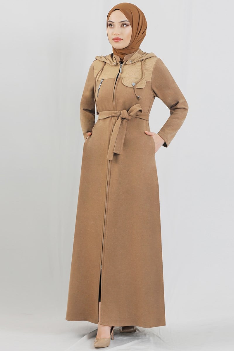 Kapüşonlu Cep Detaylı Ferace Camel