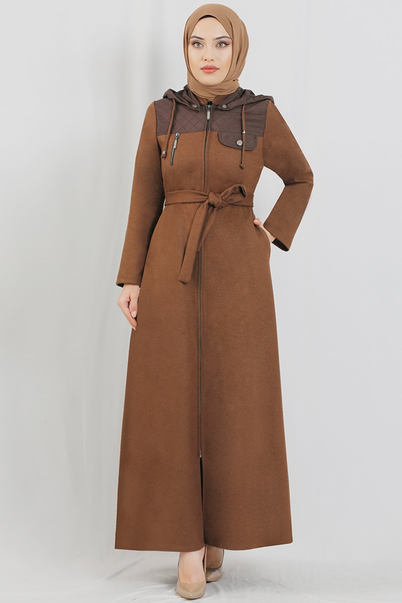 Kapüşonlu Cep Detaylı Ferace Taba