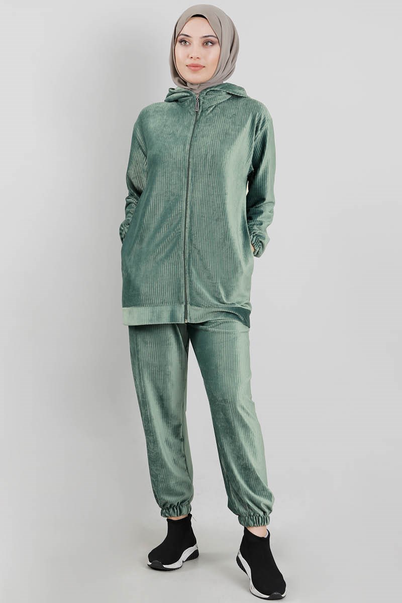 Kapüşonlu Kadife Takım Mint
