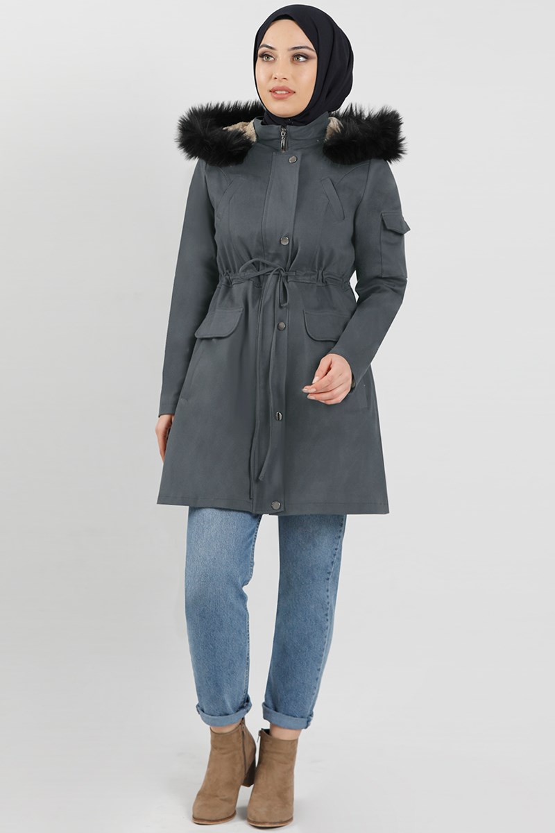 Kapüşonlu Kısa Kaban Gri