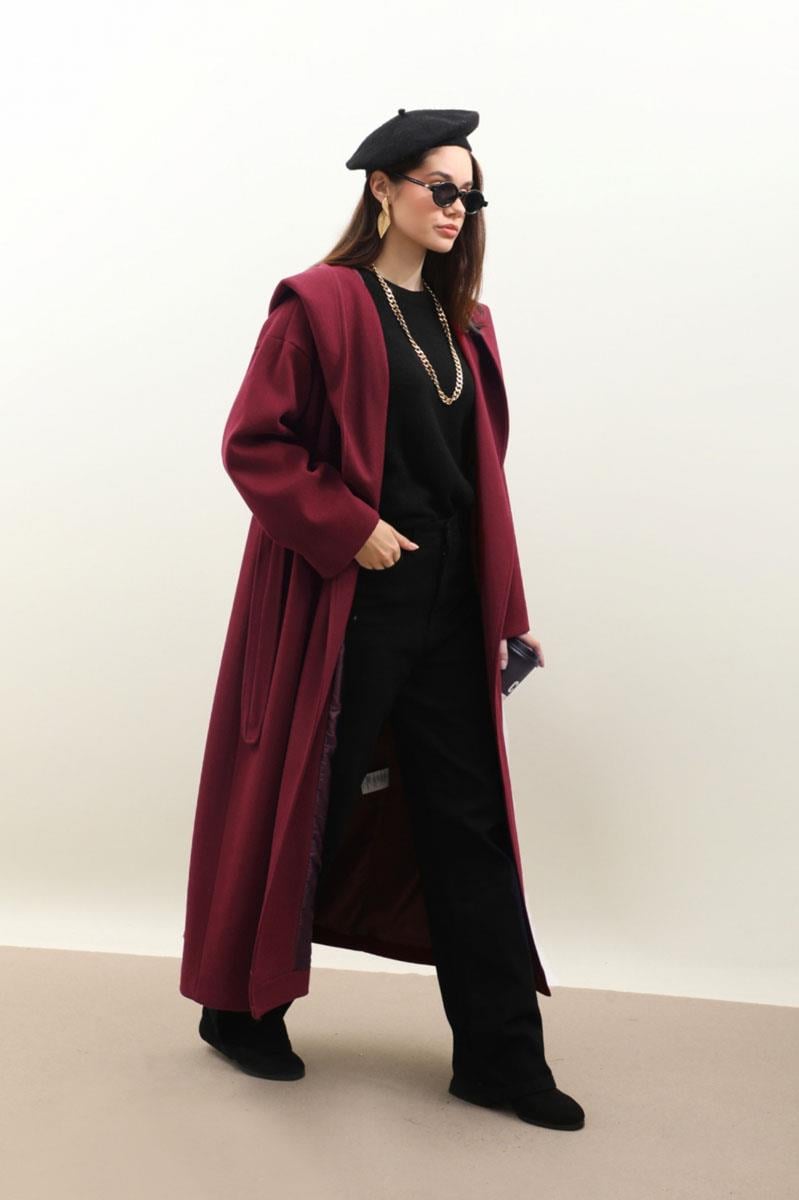 Kapüşonlu Şal Yaka Kaban Bordo