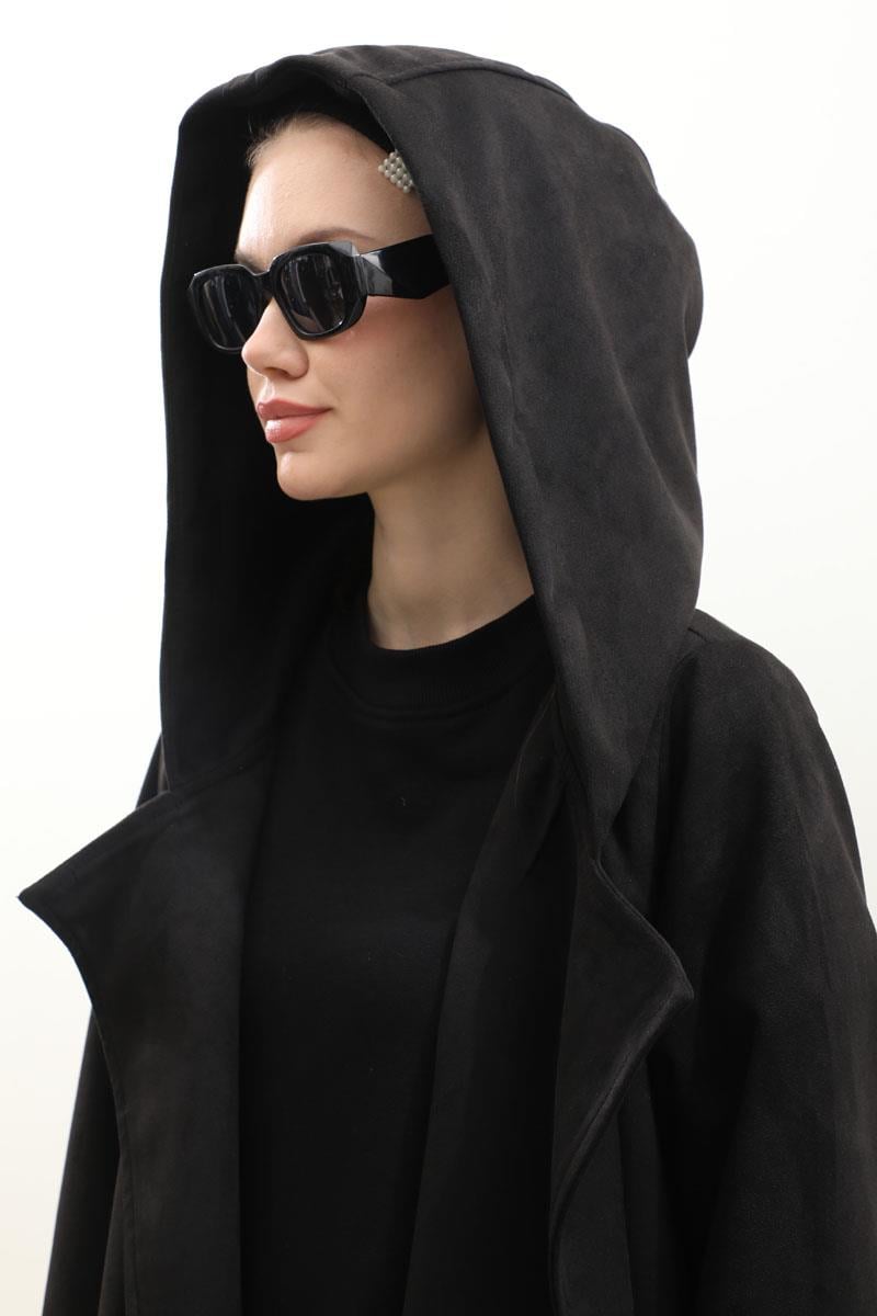 Kapüşonlu Süet Trençkot Siyah