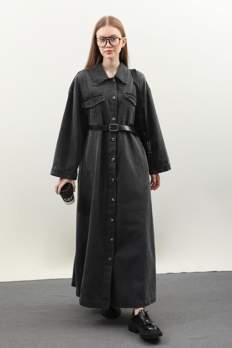 Kemerli Kot Elbise Antrasit