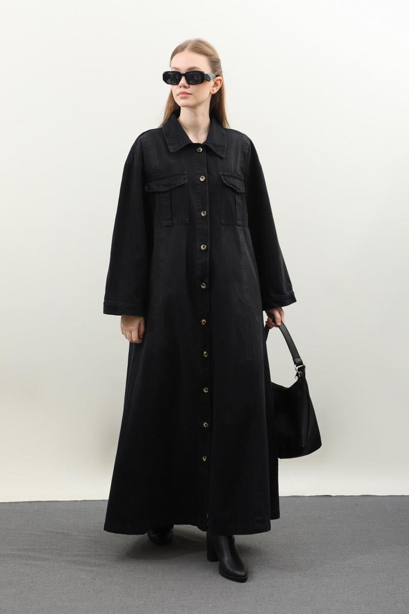 Kemerli Kot Elbise Siyah