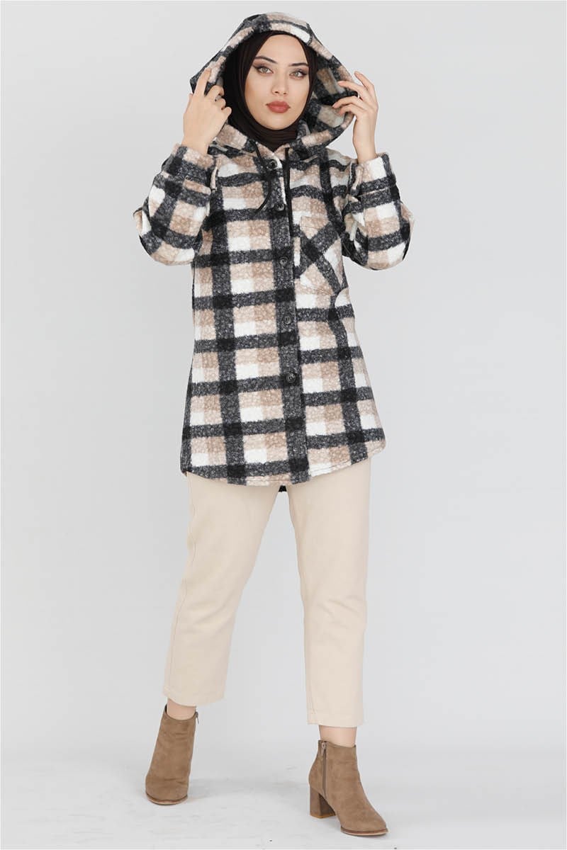 Kıvırcık Kapüşonlu Gömlek Ceket Bej