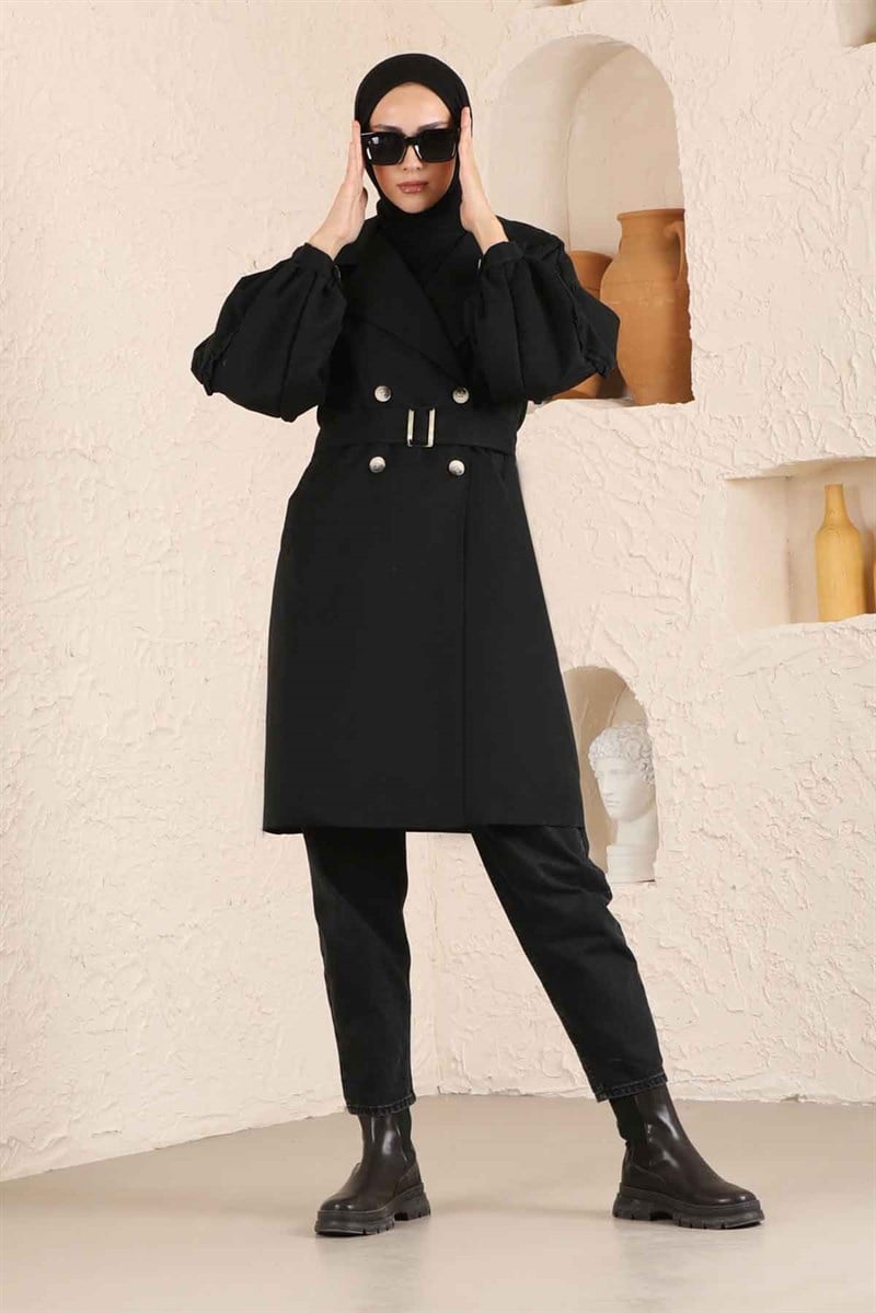 Kolları Fırfırlı Trenç Siyah