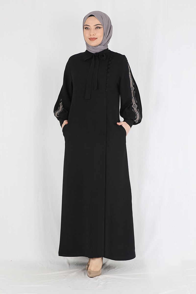Kolları İşlemeli Ferace Siyah
