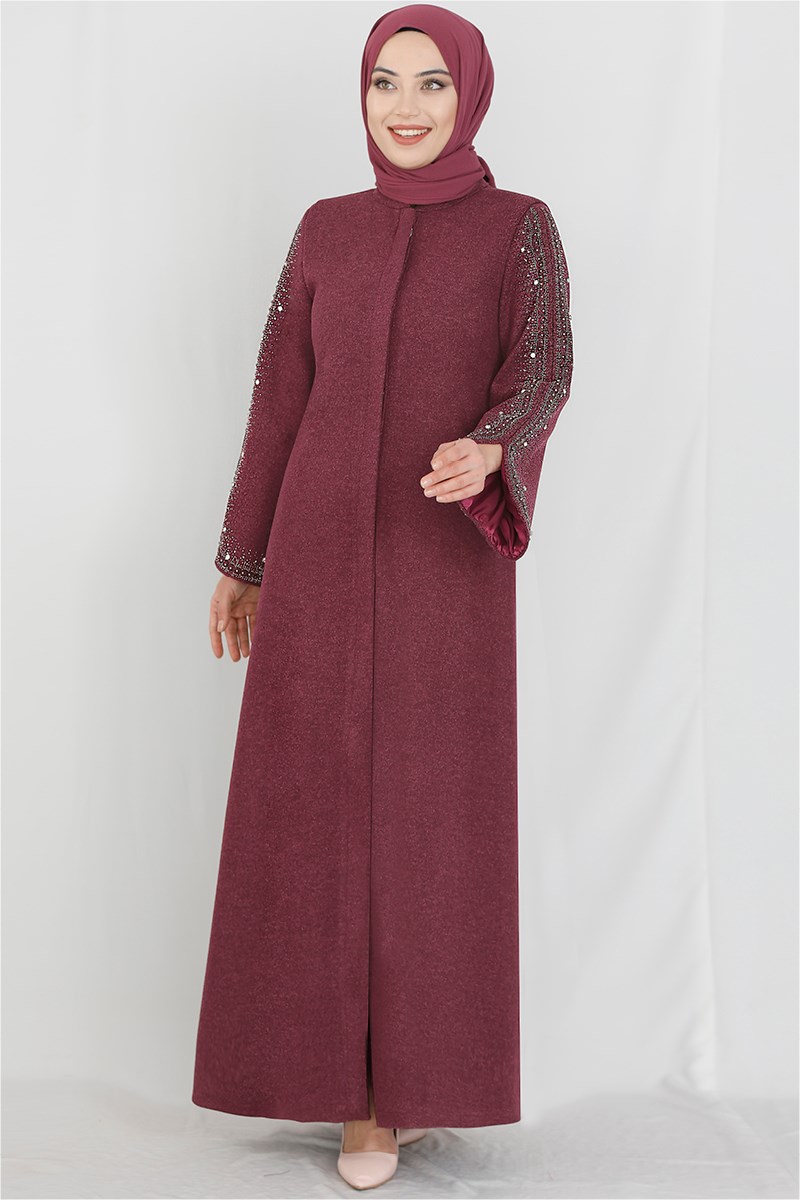 Kolları Taş Detaylı Kaban Bordo