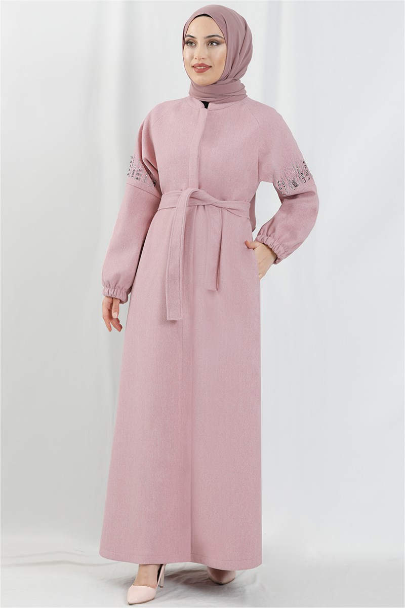 Kolları Taş İşlemeli Kaşe Kaban Pembe