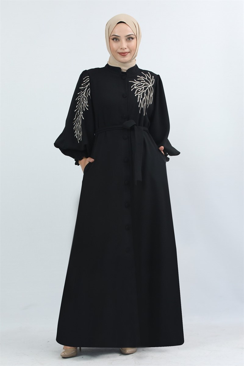 Kolu Kare Taşlı Ferace Siyah