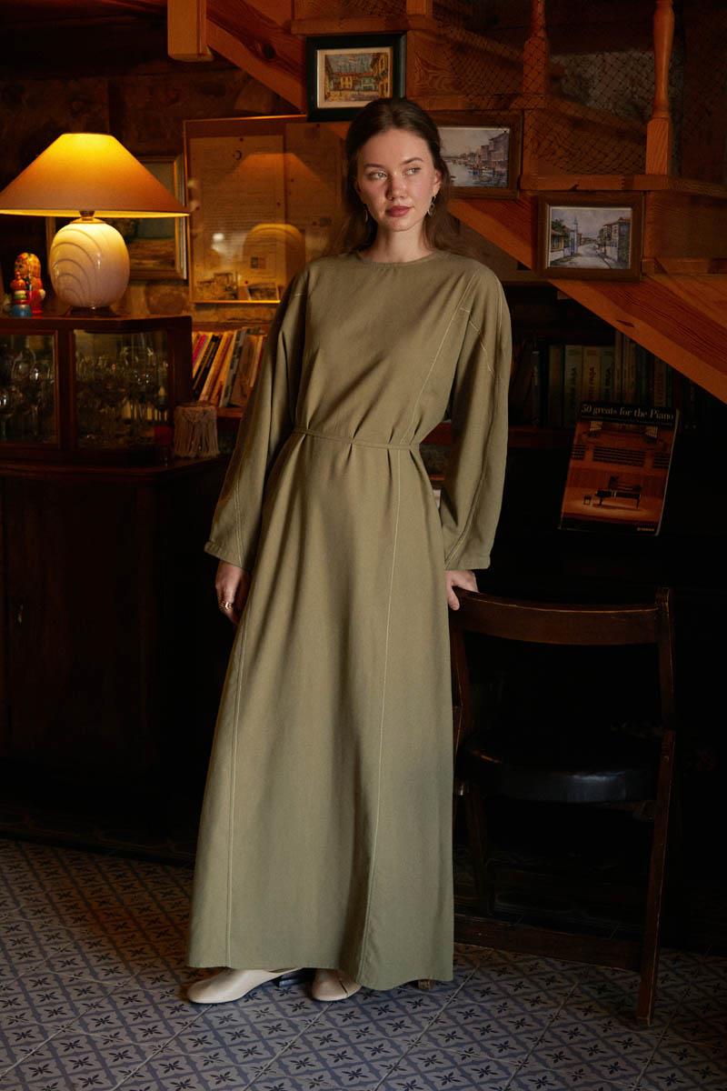 Kontrast Dikişli Keten Elbise Haki