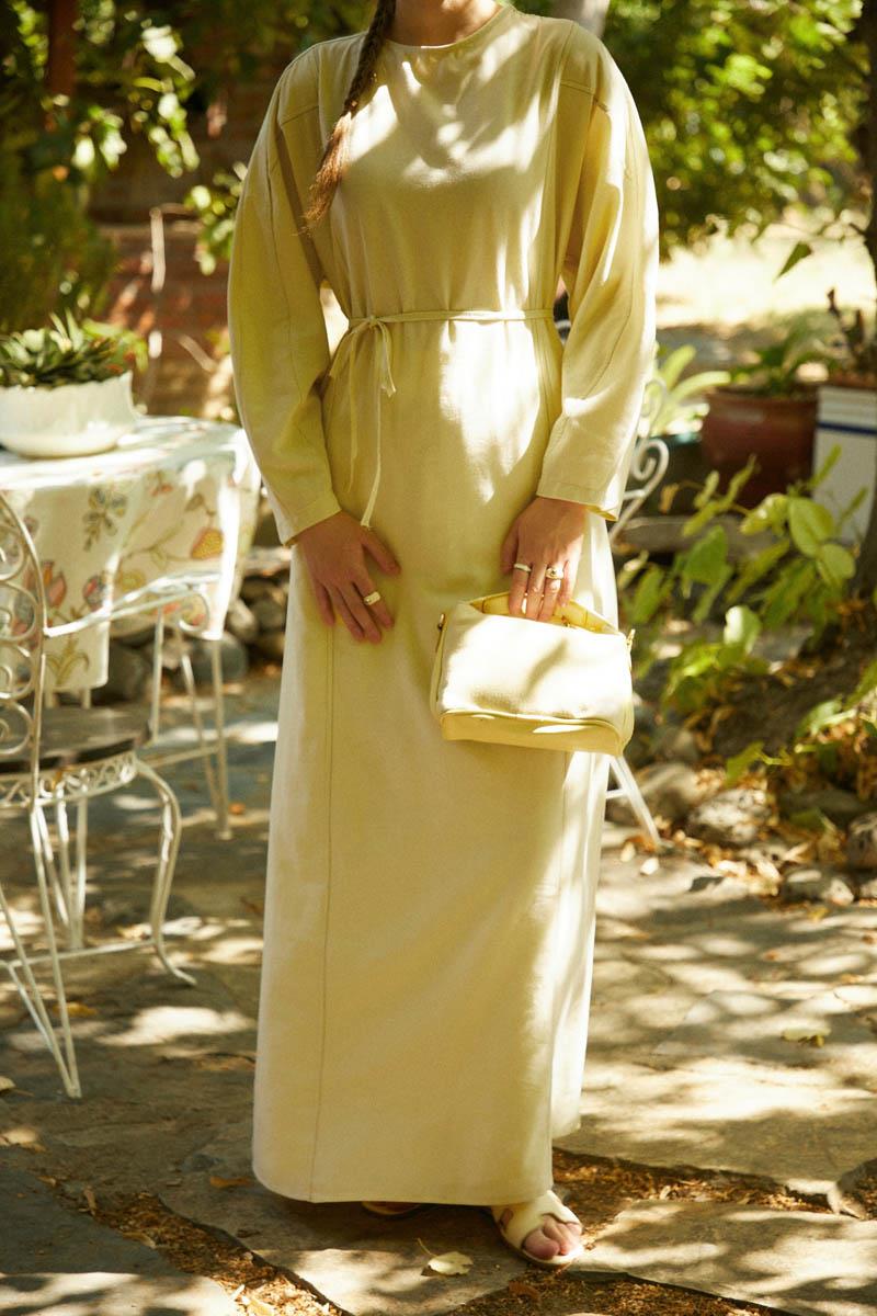 contrast-stitched linen dress butter yellow product info and reviews White Lace Midi Dress