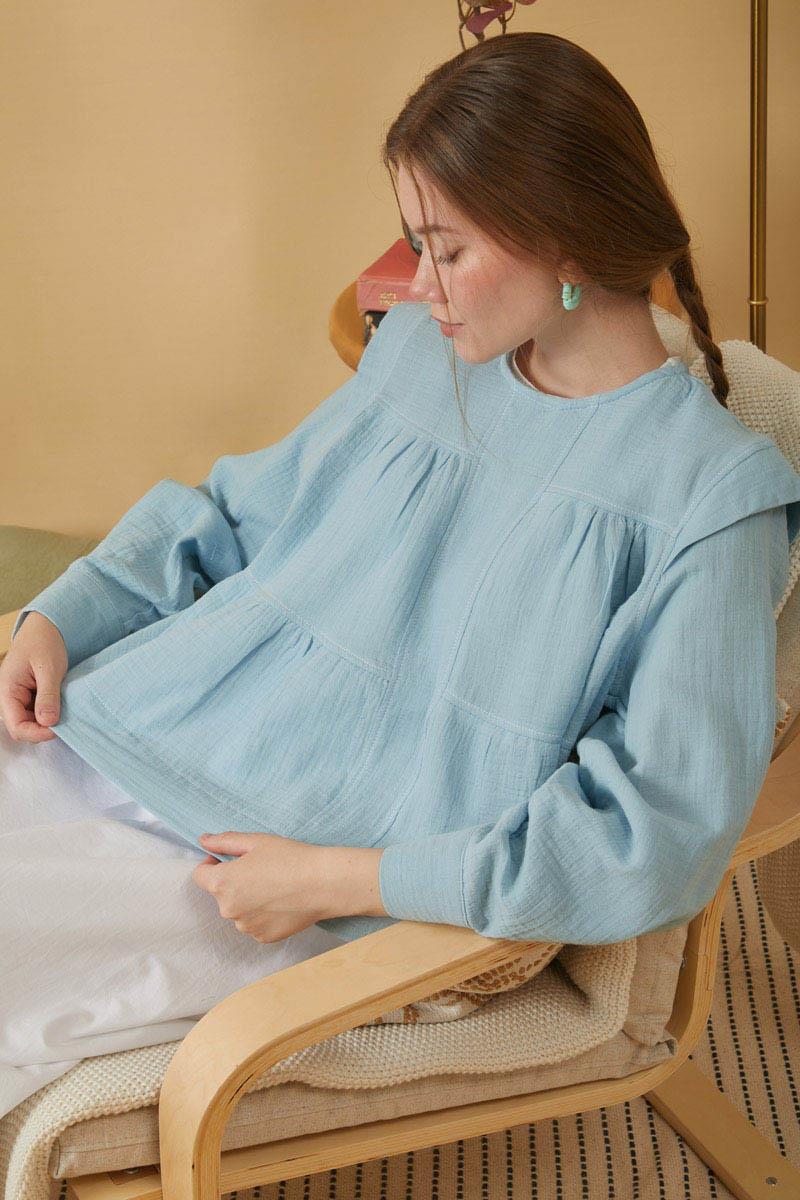 Kontrast Dikişli Müslin Bluz Bebe Mavisi
