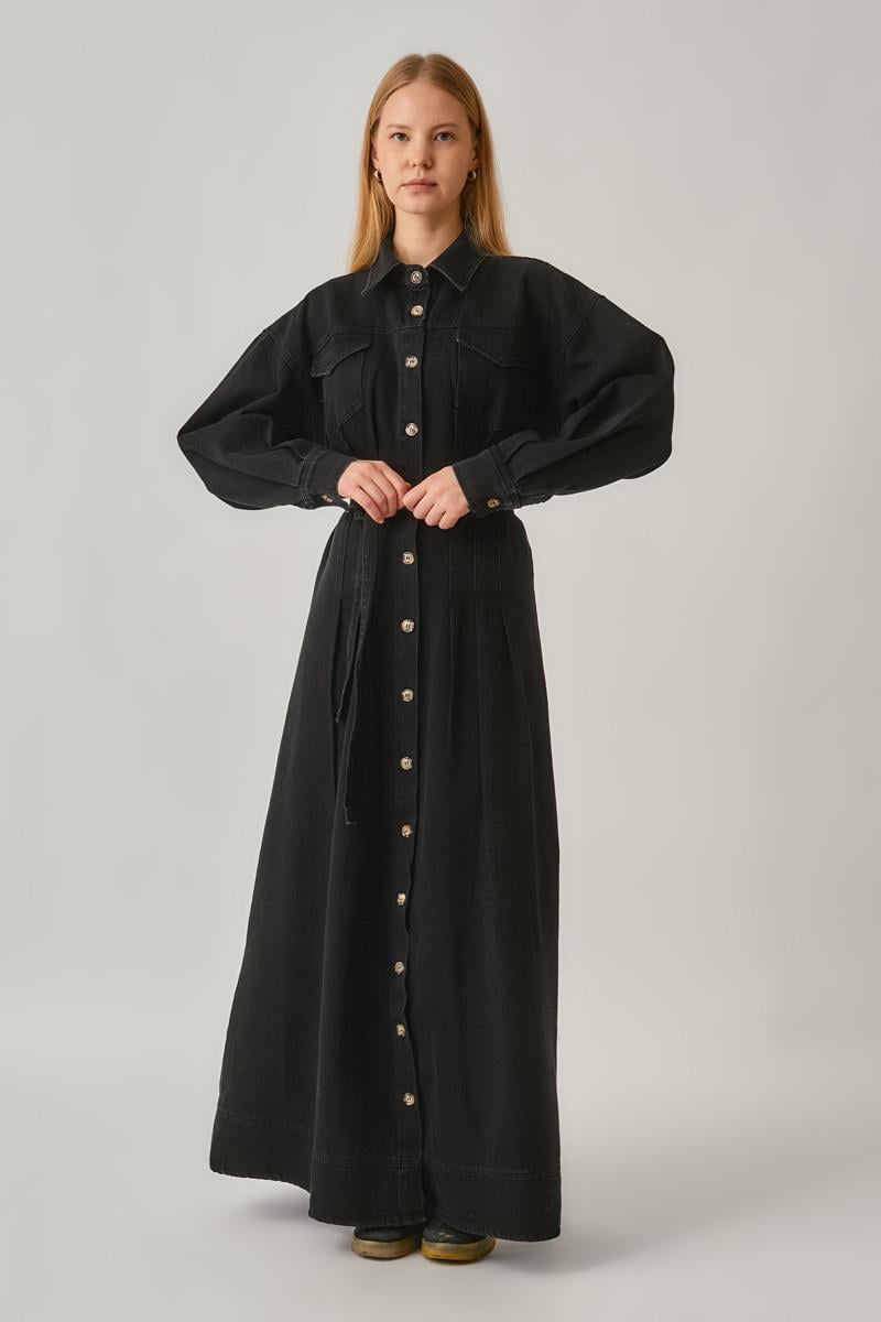 Korse Bel Denim Elbise Siyah