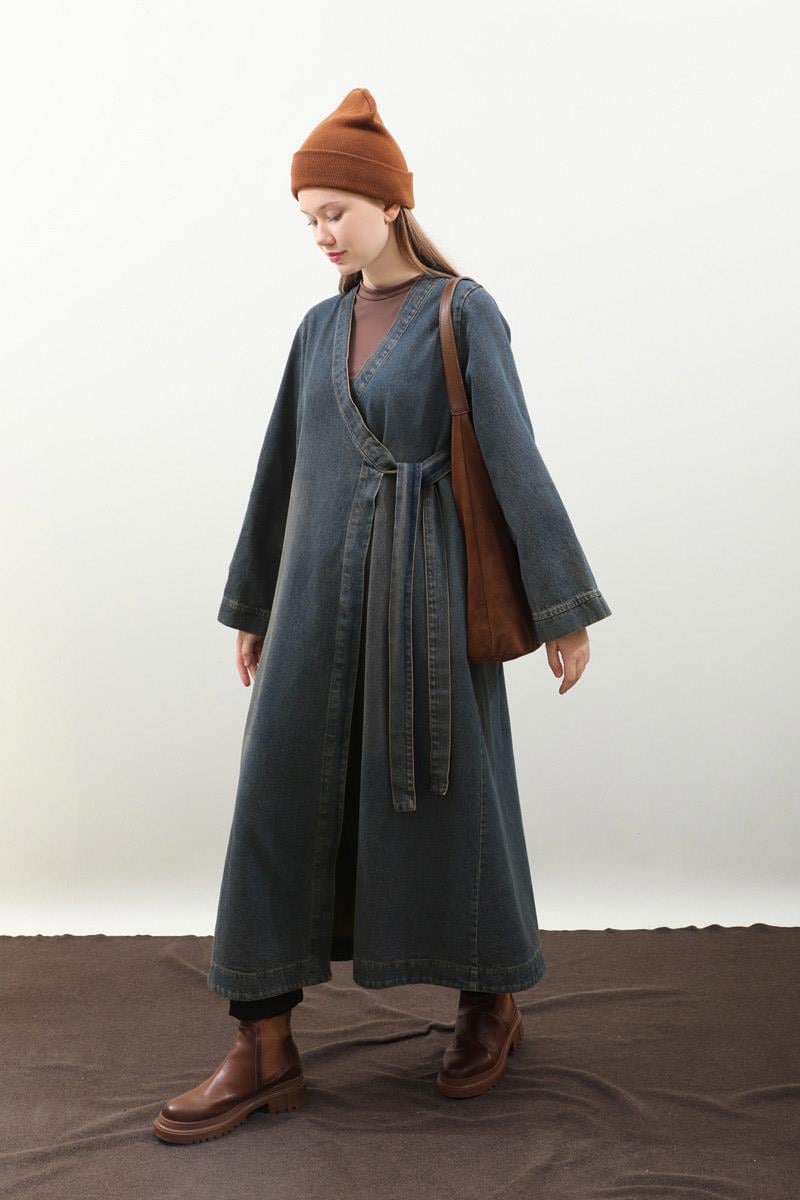 Kruvaze Denim Trençkot Koyu Mavi