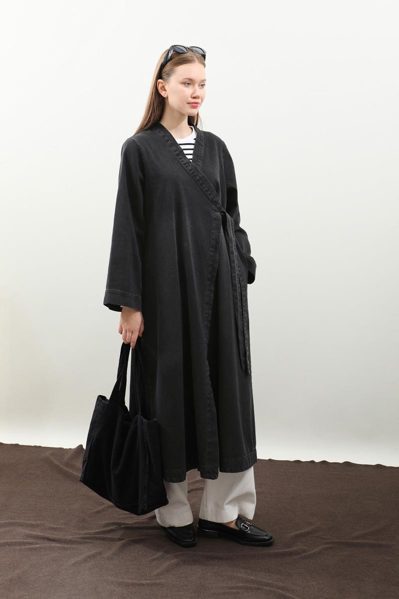 Kruvaze Denim Trençkot Siyah