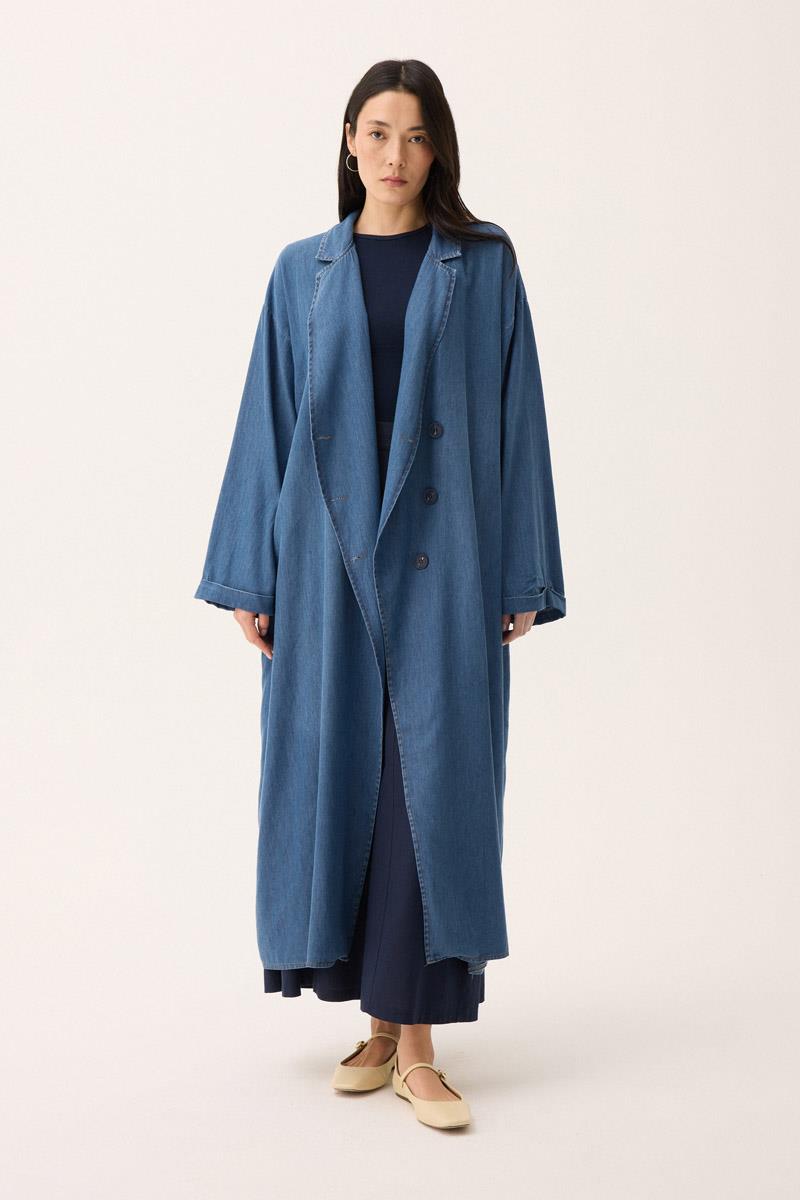 Kruvaze Düğmeli Denim Kap Açık Mavi