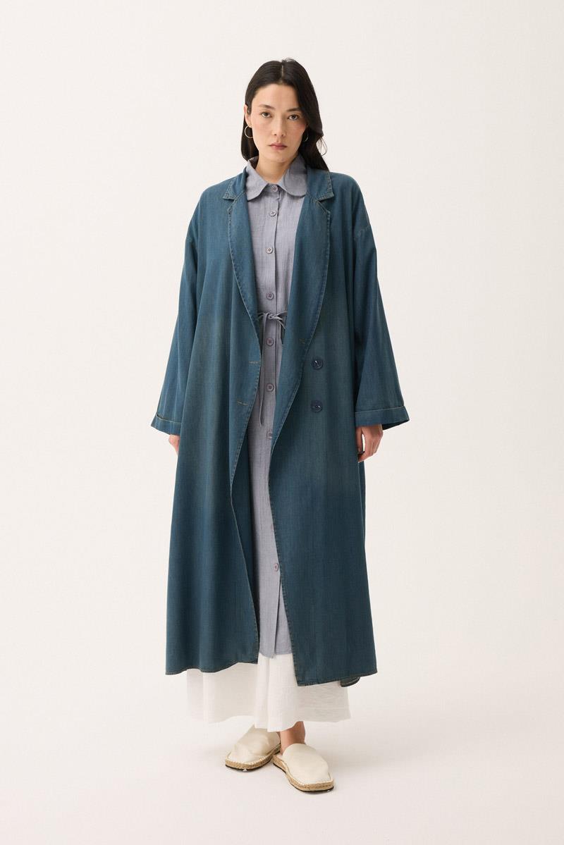 Kruvaze Düğmeli Denim Kap Koyu Mavi 