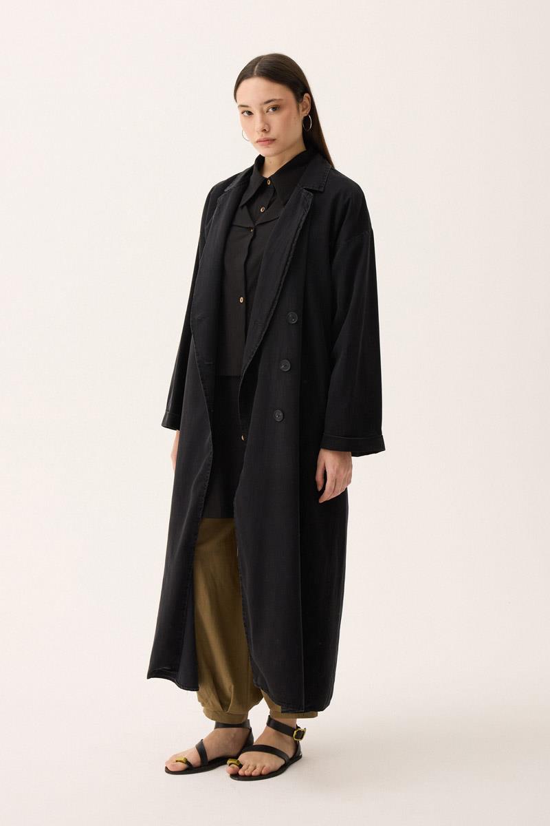 Kruvaze Düğmeli Denim Kap Siyah