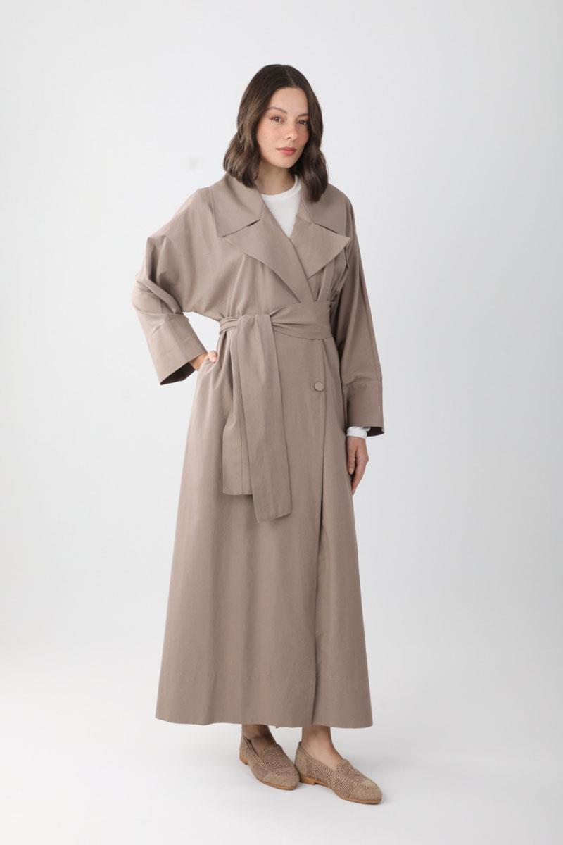 Kruvaze Keten Trenç Vizon