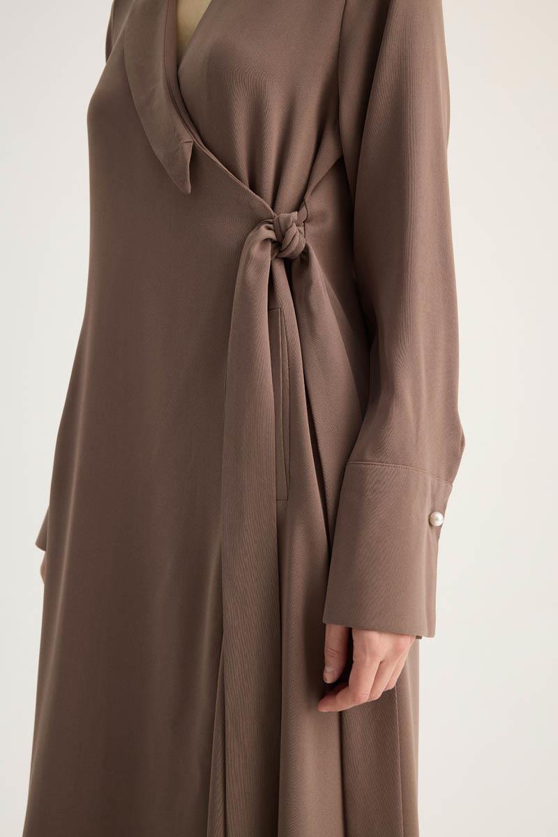 Kruvaze Krep Abaya Kahverengi