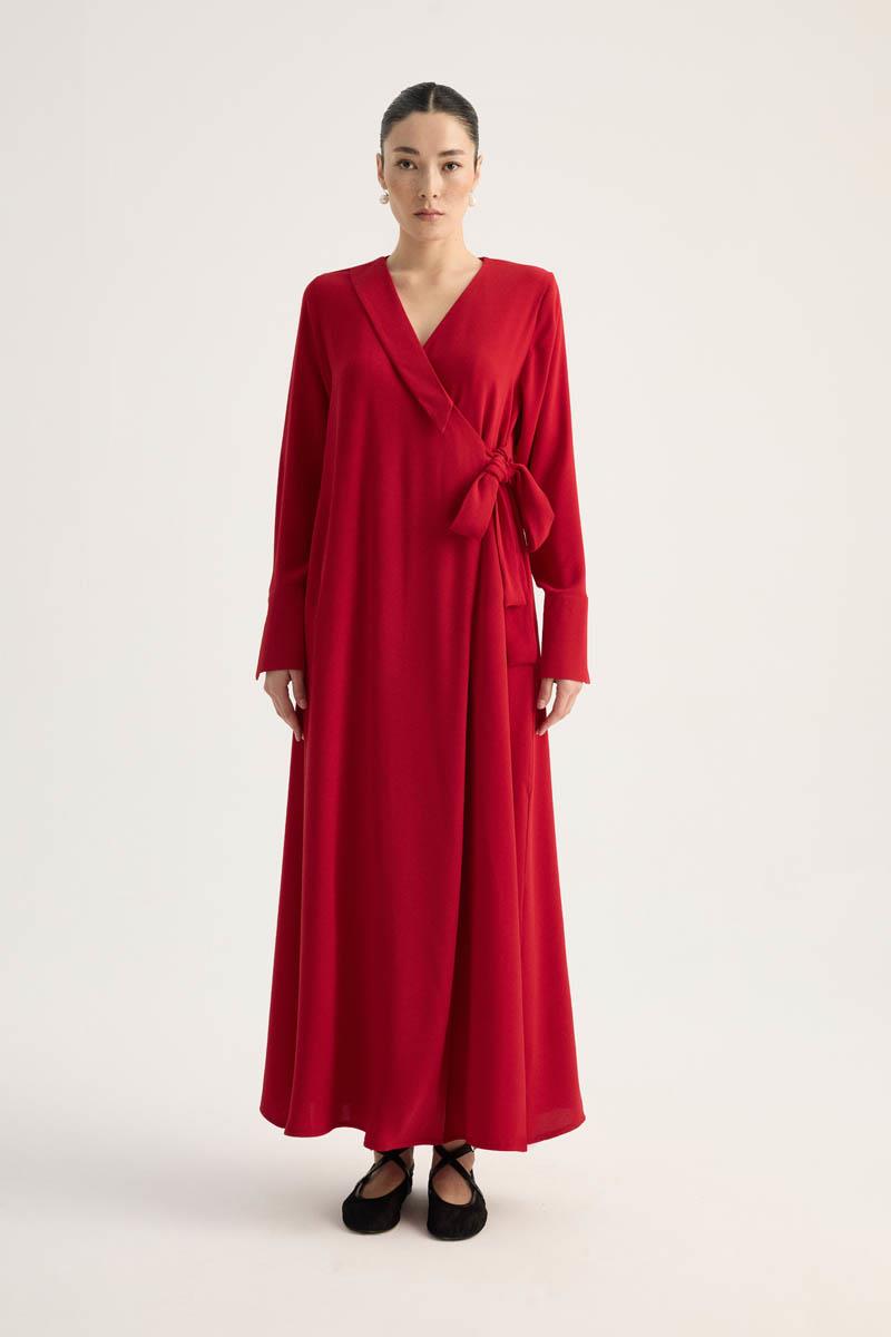 Kruvaze Krep Abaya Kırmızı