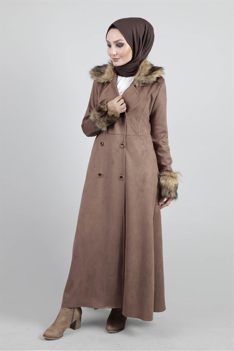 Kürklü Ceket Yaka Kaban Kahve
