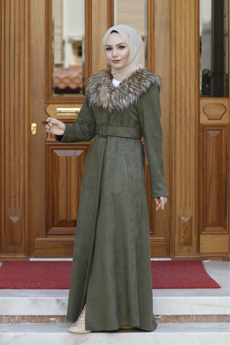 Kürklü Süet Kaban Haki