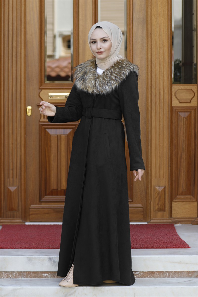 Kürklü Süet Kaban Siyah
