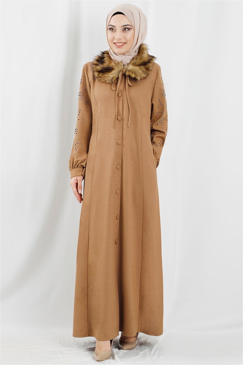 Kürklü Taş İşlemeli Camel Ferace