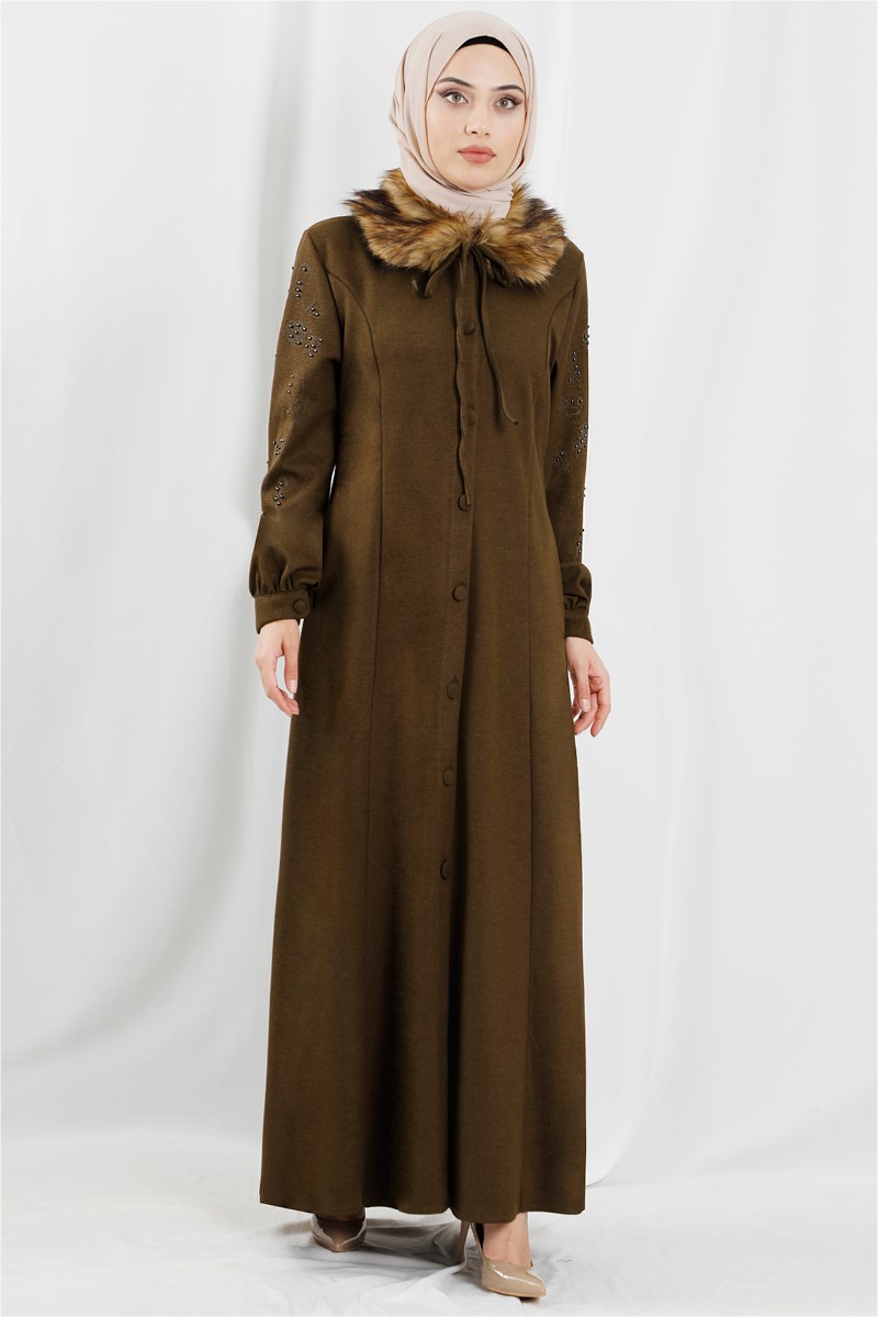 Kürklü Taş İşlemeli Kahve Ferace