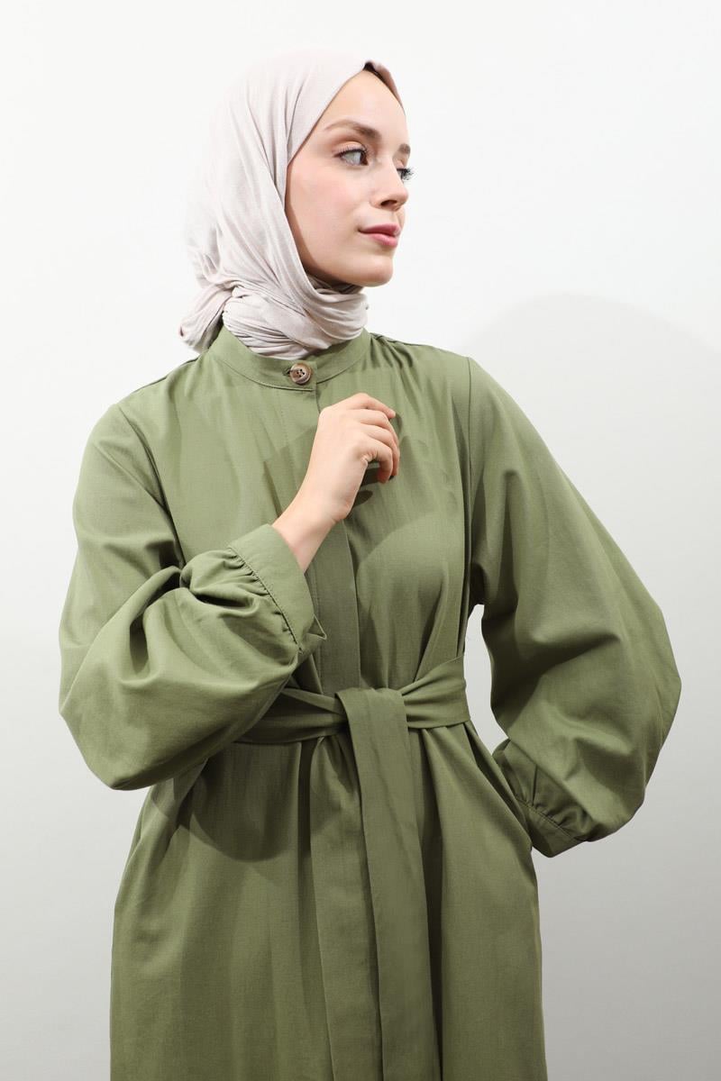 Kuşaklı Gabardin Elbise Koyu Yeşil