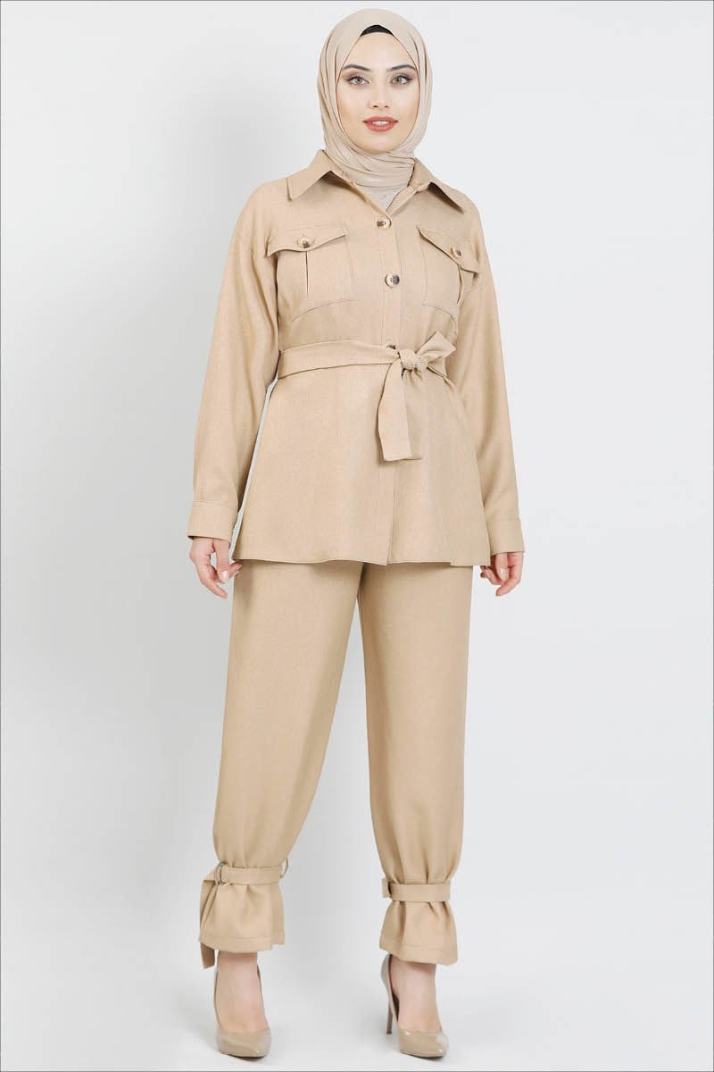 Kuşaklı Oversize Takım Bej