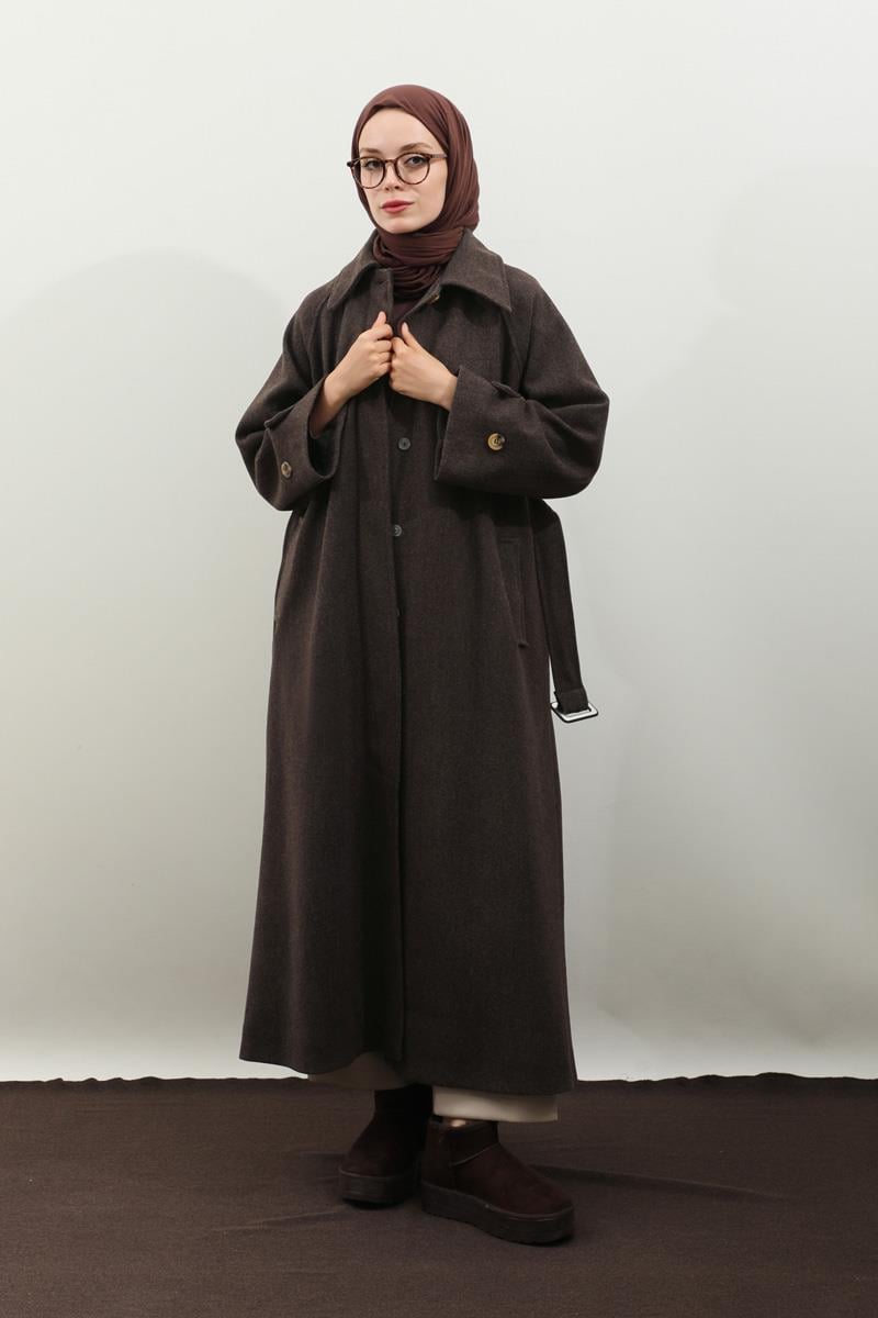 Manşeti Kemerli Uzun Kaban Kahverengi