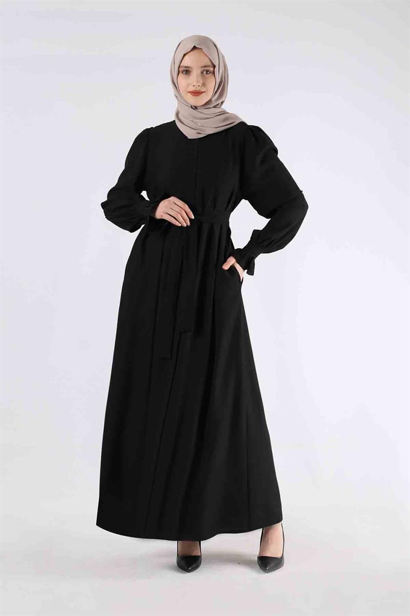 Manşeti Pileli Elbise Ferace Siyah