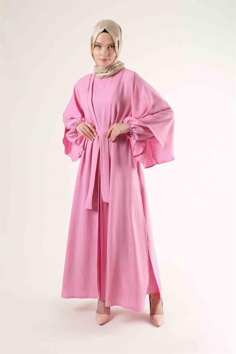 Manşeti Volan Parçalı Abaya Takım Pembe