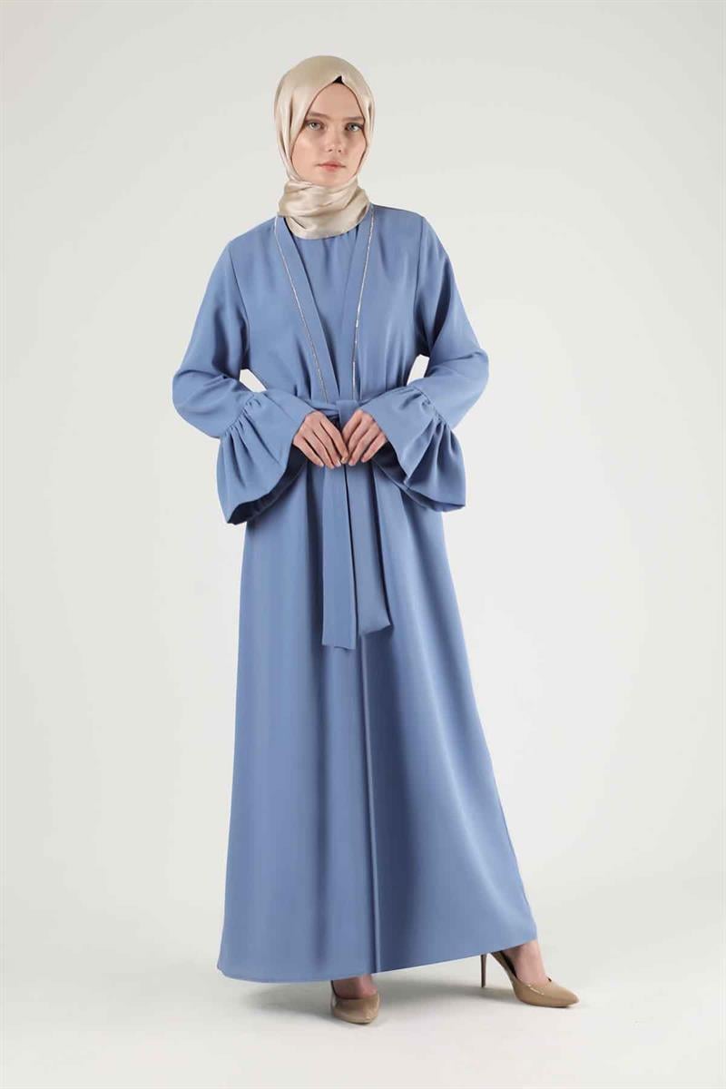 Manşeti Volanlı Taşlı Abaya Takım Bebe Mavisi