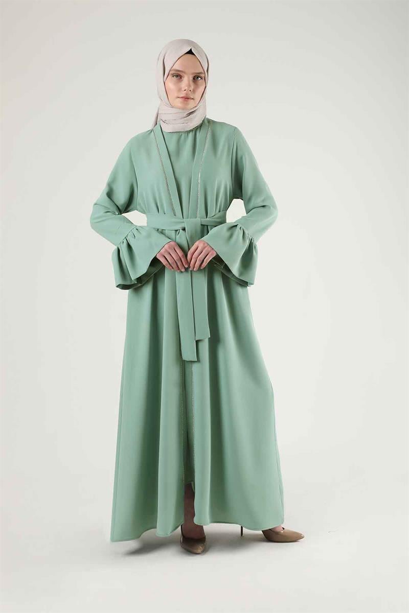 Manşeti Volanlı Taşlı Abaya Takım Mint
