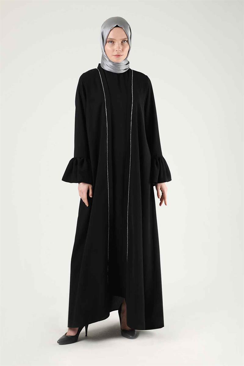Manşeti Volanlı Taşlı Abaya Takım Siyah