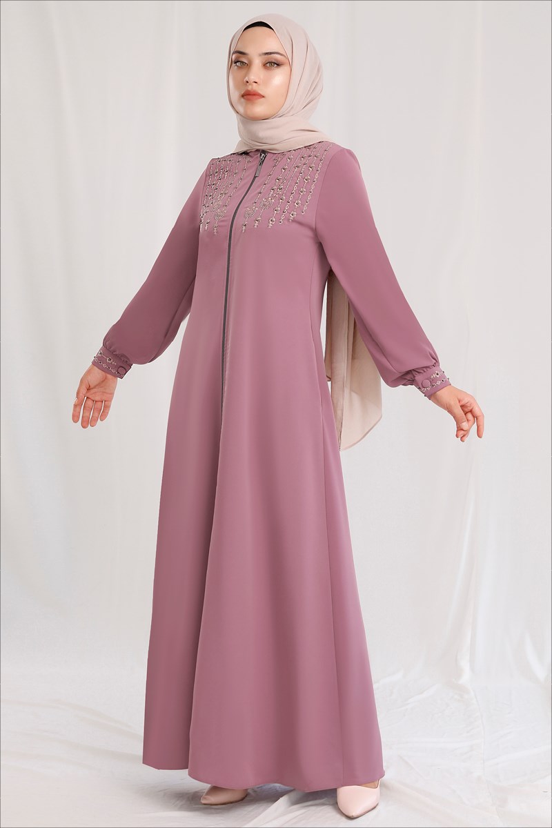 Motif İşlemeli Ferace Gül Kurusu