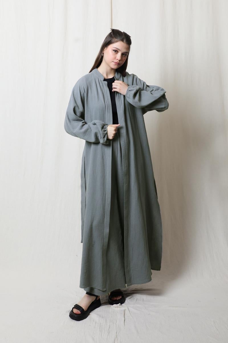 Müslin Abaya Takım Koyu Gri