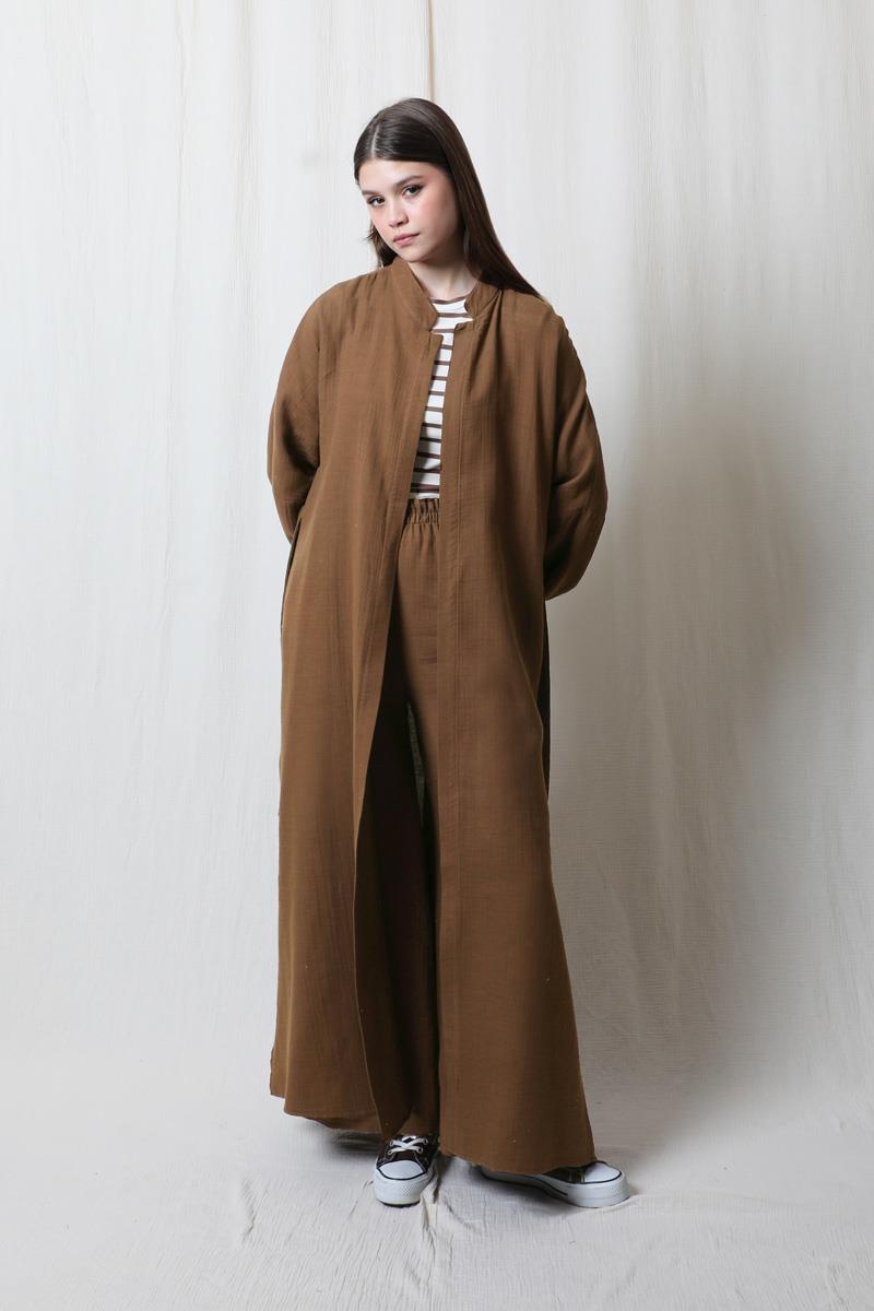 Müslin Abaya Takım Kahverengi