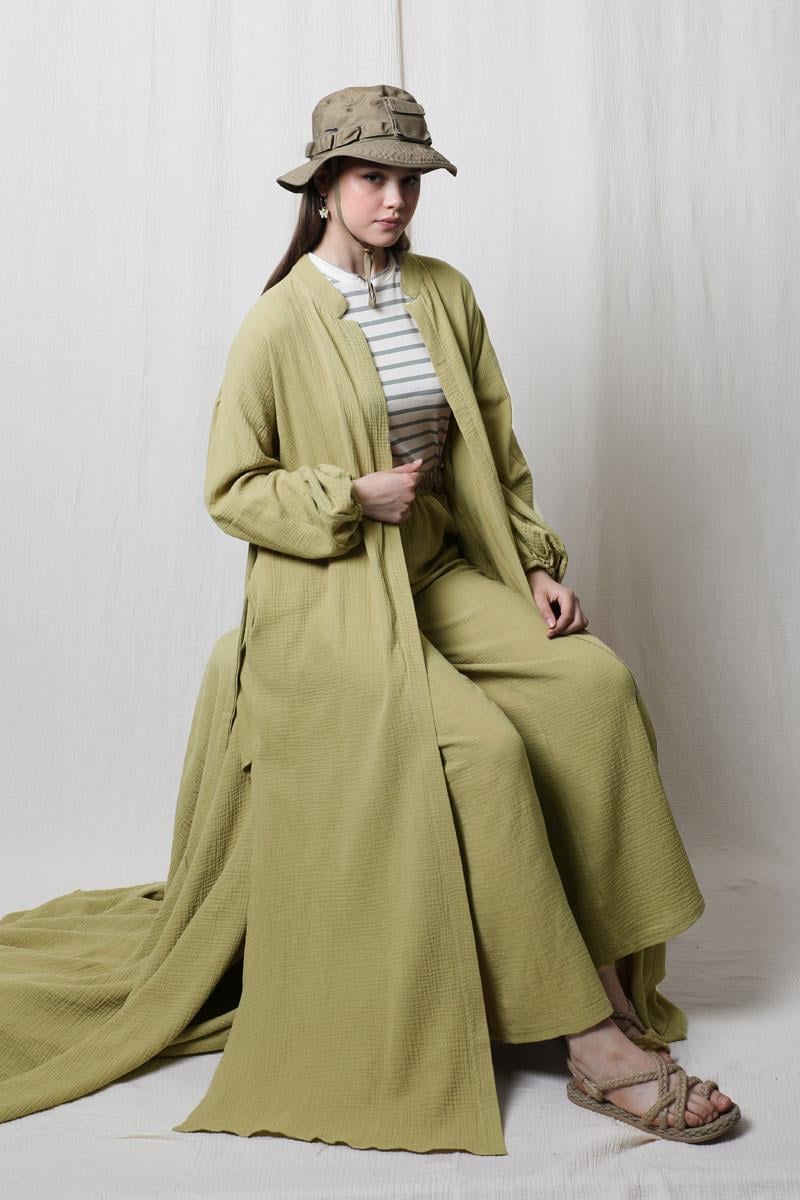 Müslin Abaya Takım Yağ Yeşili