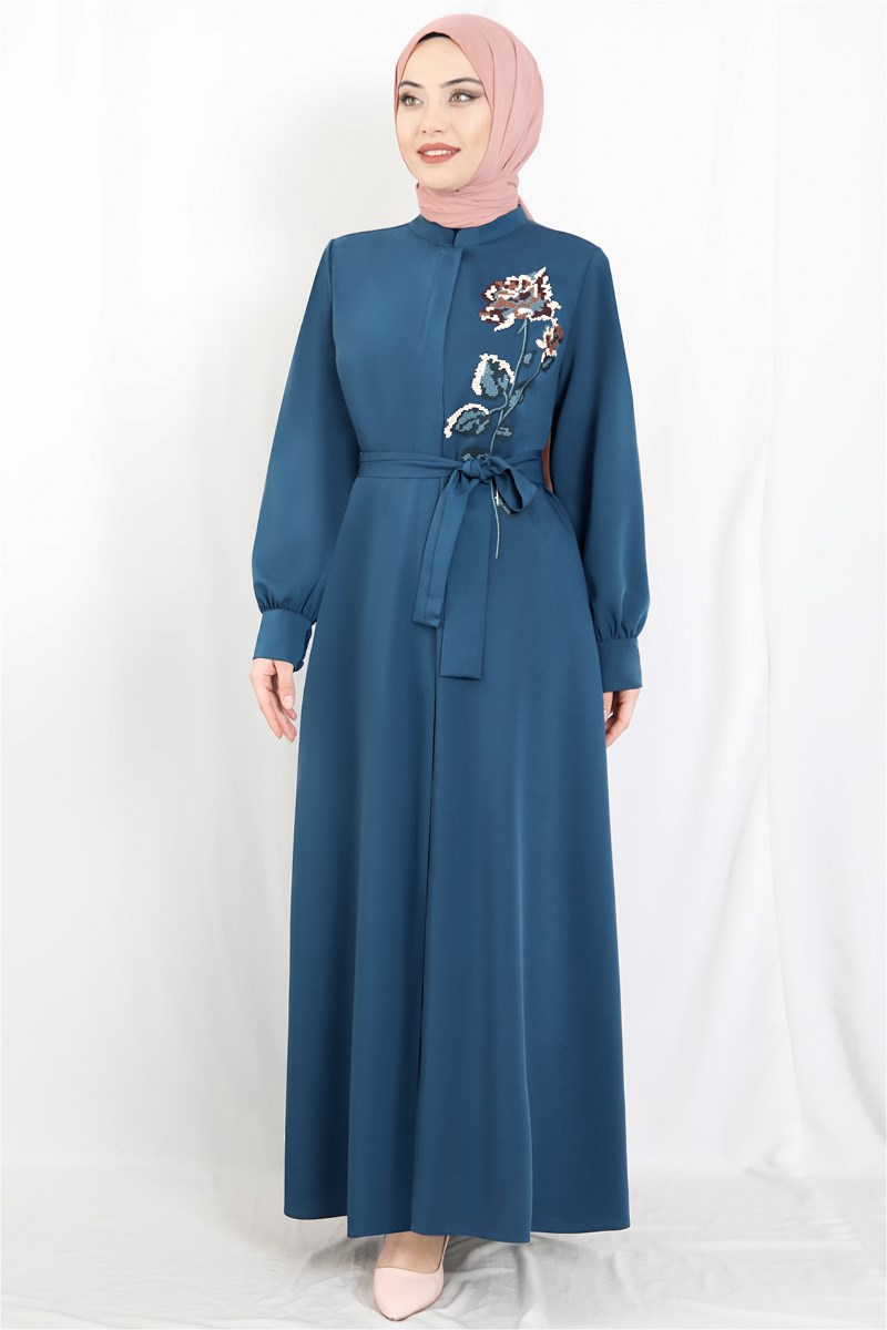 Nakış İşlemeli Ferace Petrol